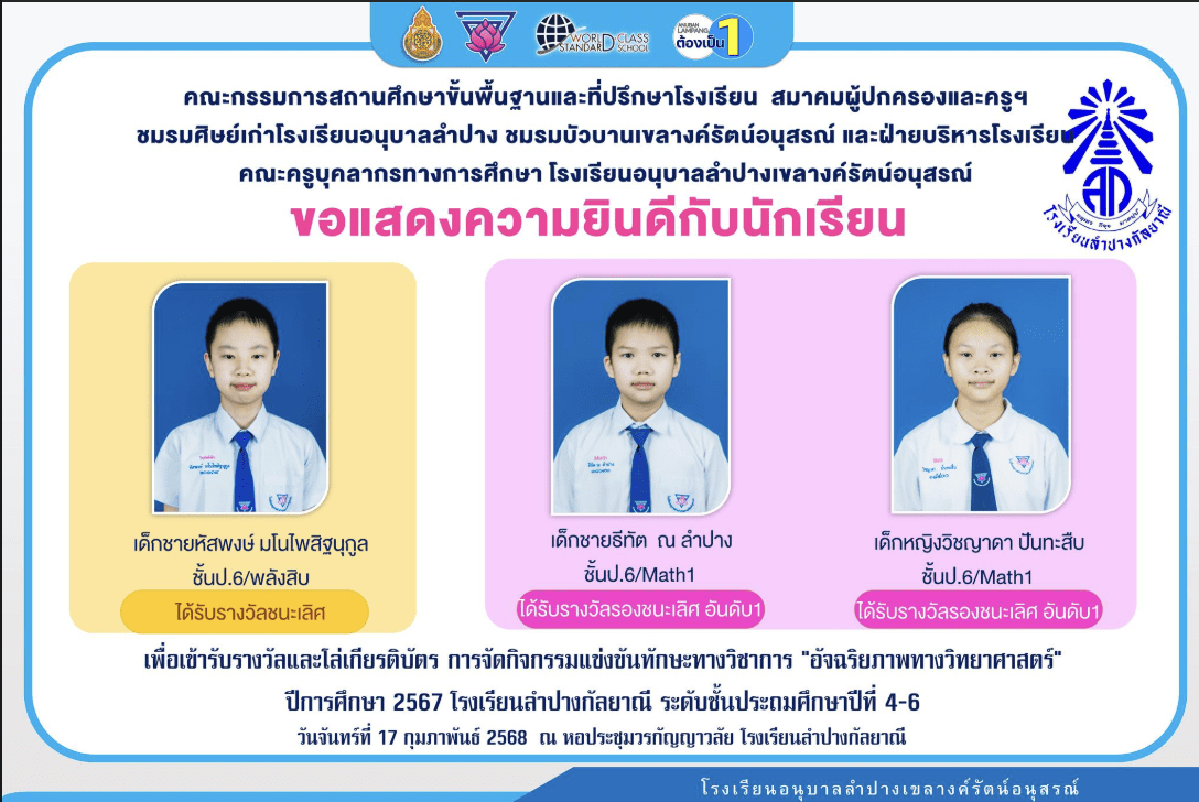 โรงเรียนอนุบาลลำปางเขลางค์รัตน์อนุสรณ์ ขอแสดงความยินดีกับนักเรียนคนเก่ง