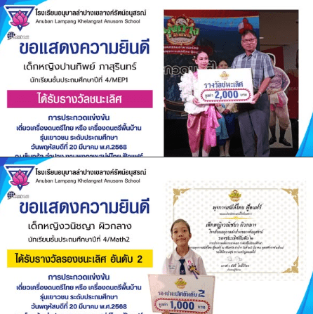 แสดงความยินดีกับนักเรียนคนเก่ง ในการประกวดแข่งขันเดี่ยวเครื่องดนตรีไทย หรือ เครื่องดนตรีพื้นบ้าน