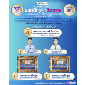 แสดงความยินดีกับนักเรียนอนุบาลลำปางคนเก่ง กับผลการแข่งขันยอดปัญญาวิชาการโรงเรียนอนุบาลประจำจังหวัด ประเทศไทย ครั้งที่ 9 ปีการศึกษา 2567