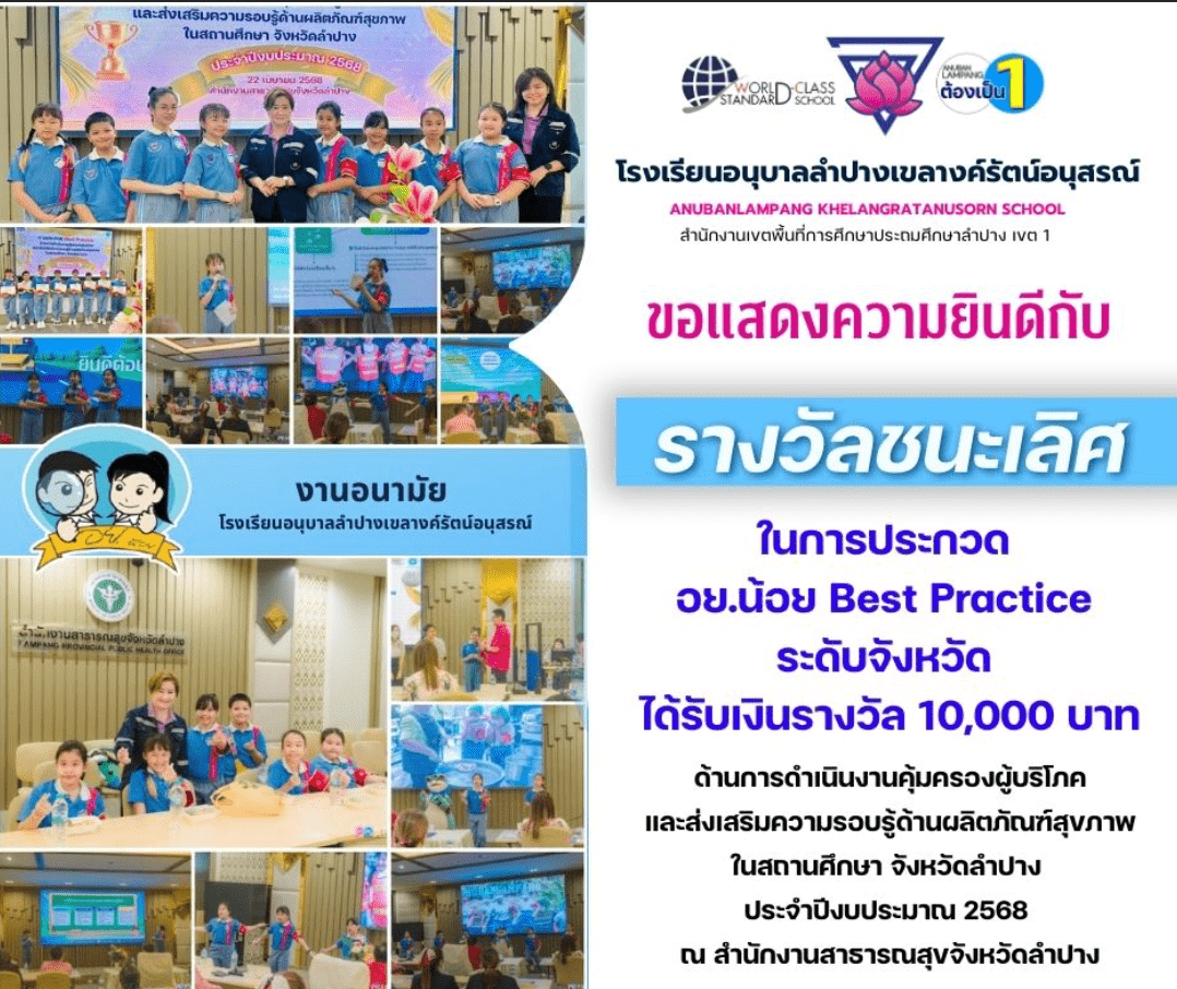 แสดงความยินดีกับรางวัลชนะเลิศ ในการประกวด อย.น้อย Best Practice ระดับจังหวัด ได้รับเงินรางวัล 10,000 บาท