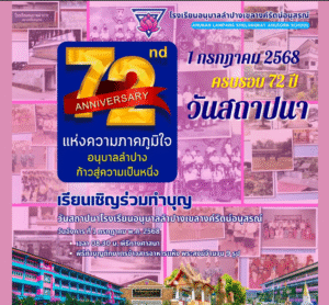 เรียนเชิญร่วมทำบุญ ครบรอบ 72 ปี วันสถาปนาโรงเรียนอนุบาลลำปางเขลางค์รัตน์อนุสรณ์ ในวันที่ 1 กรกฎาคม 2568
