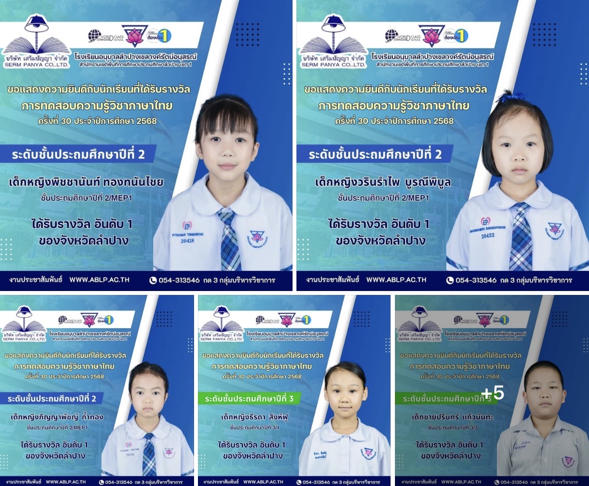นักเรียนอนุบาลลำปางเขลางค์รัตน์ฯ คว้าอันดับ 1 จังหวัดลำปาง ในการทดสอบความรู้ภาษาไทย ครั้งที่ 30