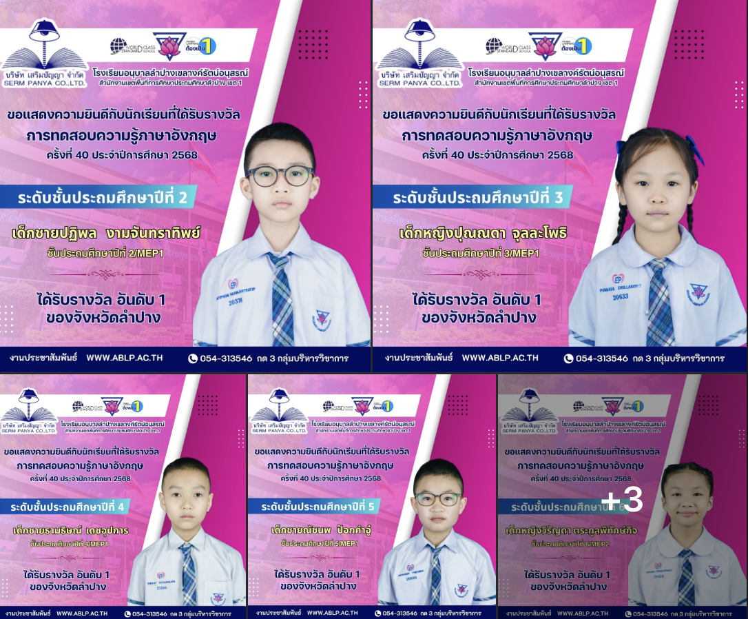 โรงเรียนอนุบาลลำปางเขลางค์รัตน์อนุสรณ์ ขอแสดงความยินดีกับนักเรียนที่ได้รับรางวัล การทดสอบความรู้วิชาภาษาอังกฤษ ครั้งที่ 40 ประจำปีการศึกษา 2568