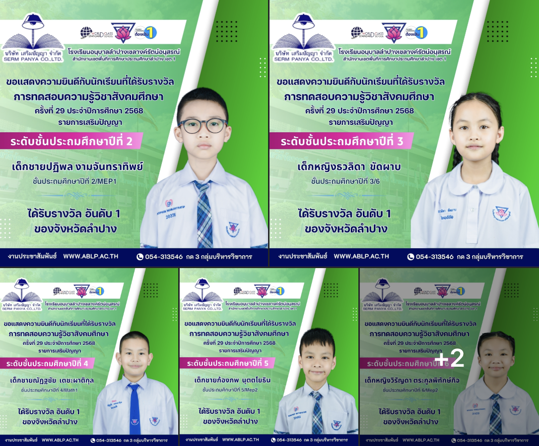 โรงเรียนอนุบาลลำปางเขลางค์รัตน์อนุสรณ์ ขอแสดงความยินดีกับนักเรียนที่ได้รับรางวัล การทดสอบความรู้วิชาสังคมศึกษา ครั้งที่ 29 ประจำปีการศึกษา 2568